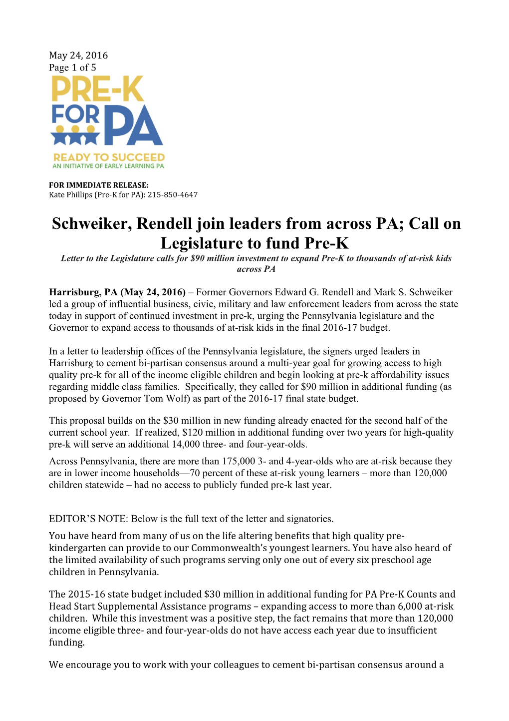 Schweiker, Rendell Join Leaders from Across PA; Call on Legislature to Fund Pre-K