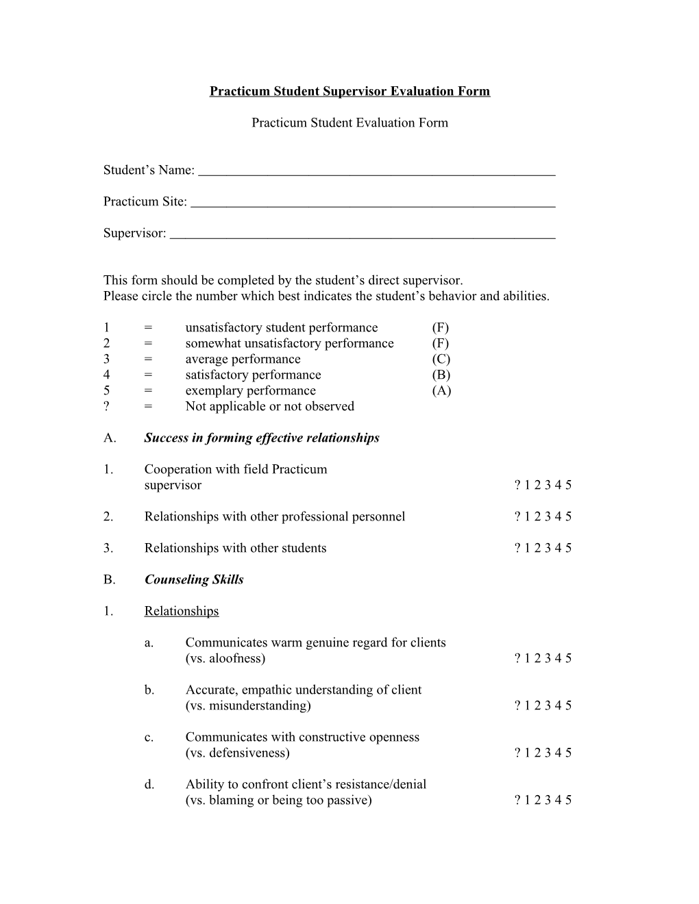 Practicum Student Supervisor Evaluation Form