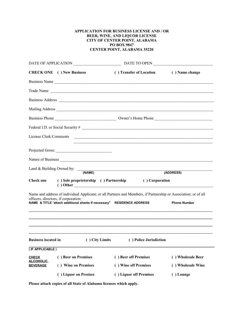 Application for Business License and / Or