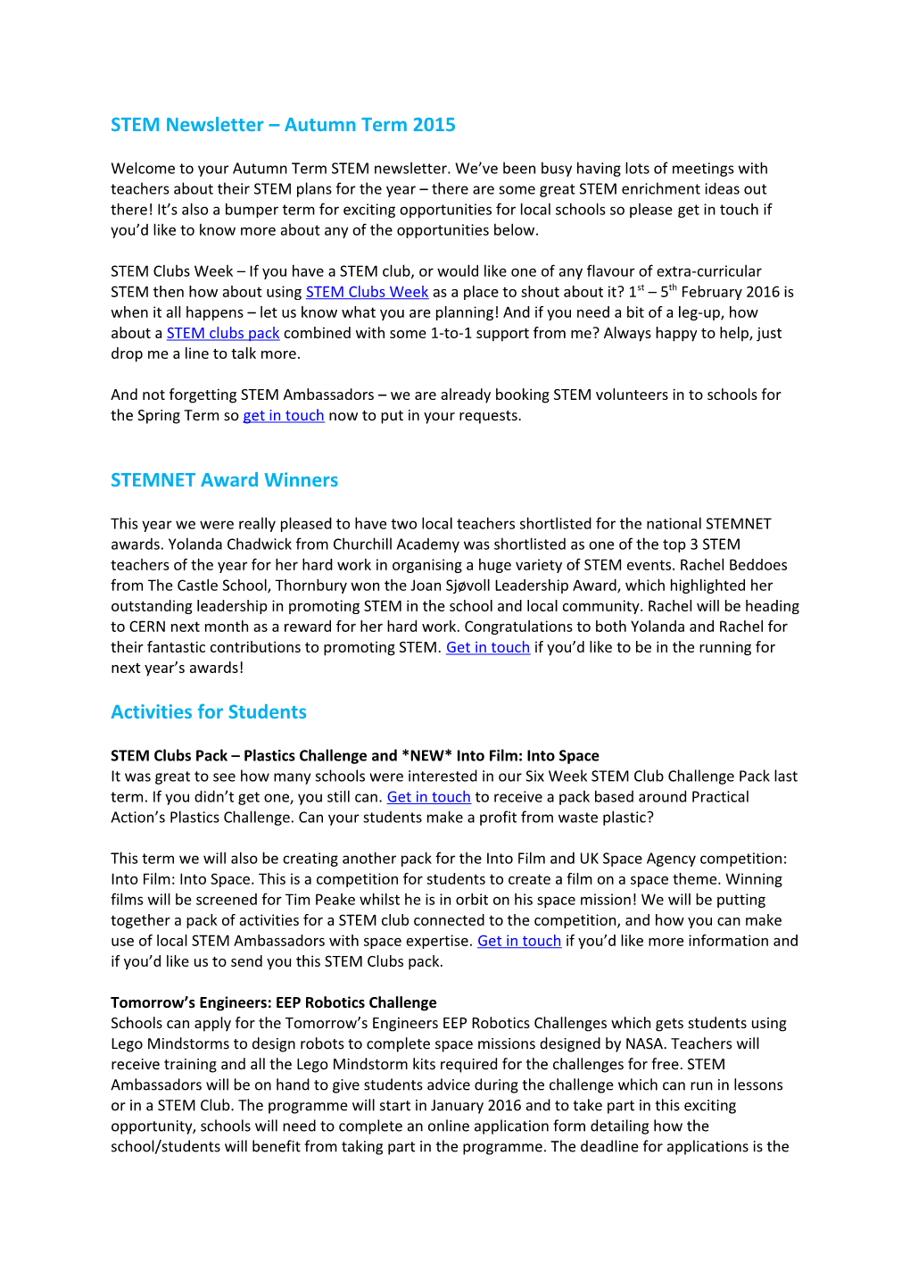 STEM Newsletter Autumn Term 2015