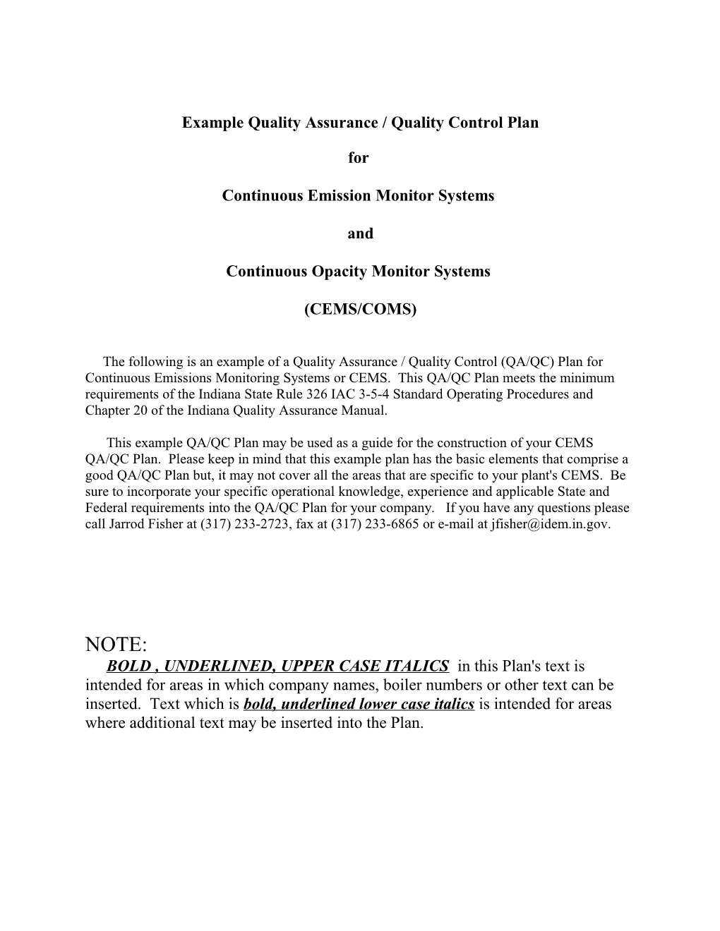 Example Quality Assurance / Quality Control Plan