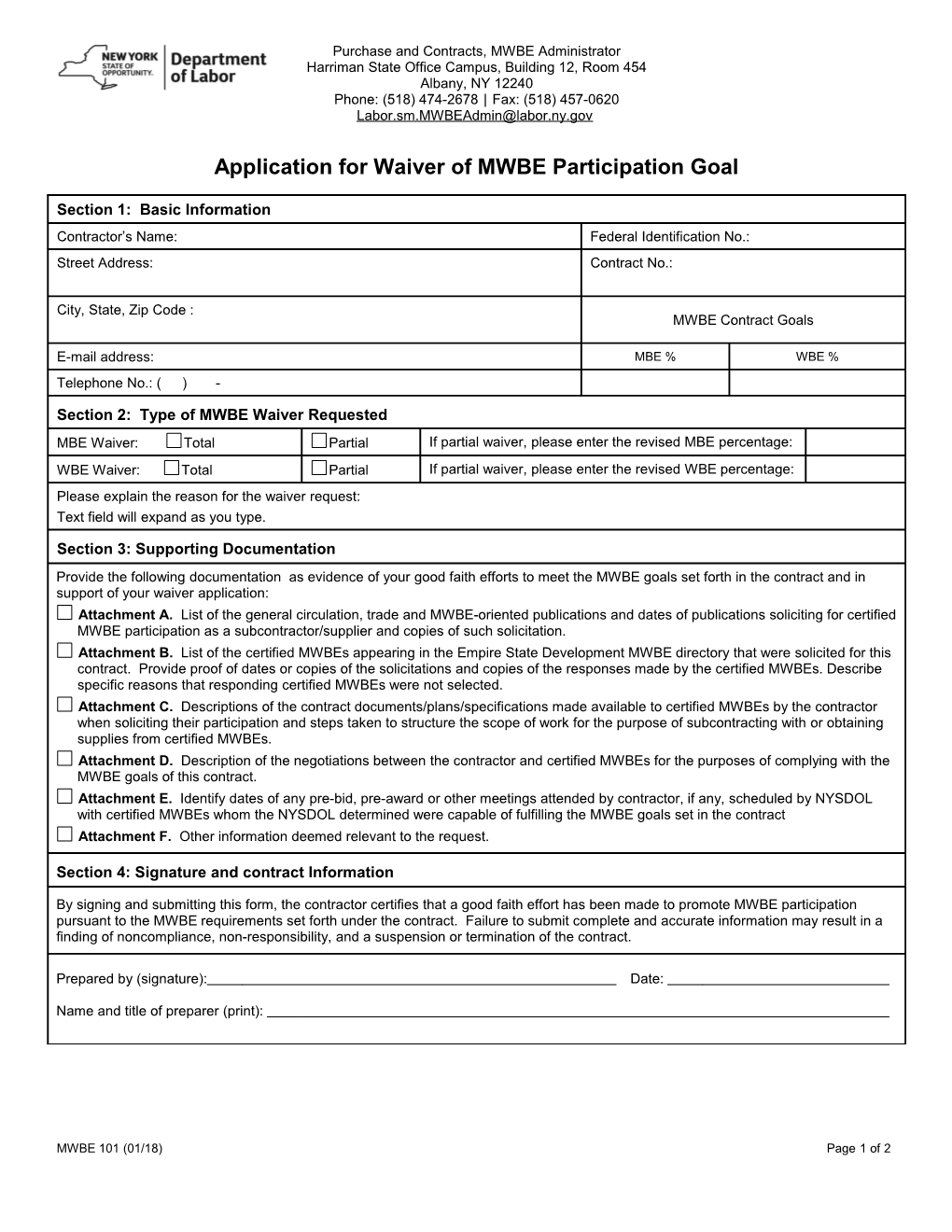 Application for Waiver of MWBE Participation Goal
