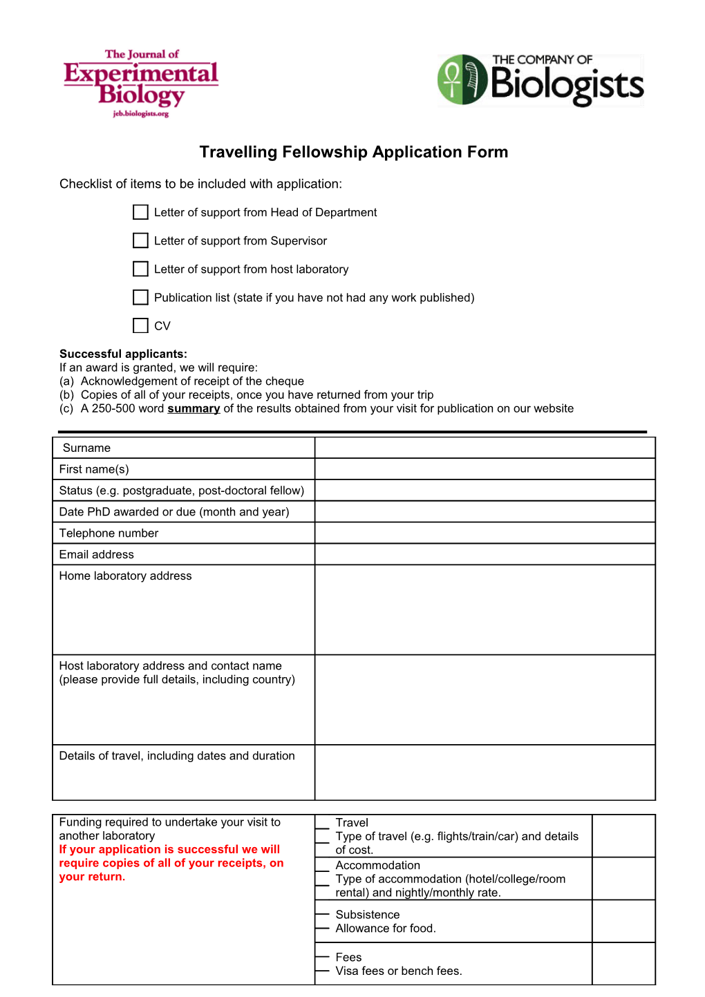 Travelling Fellowship Application