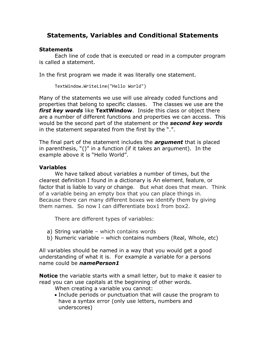 Statements, Variables and Arrays