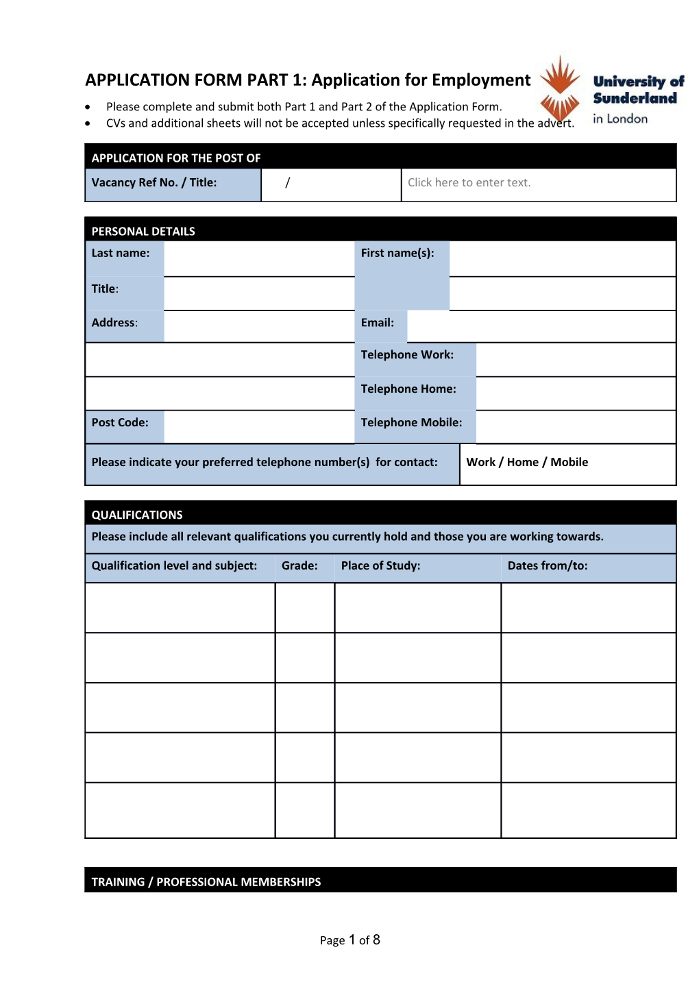 APPLICATION FORM PART 1: Application for Employment