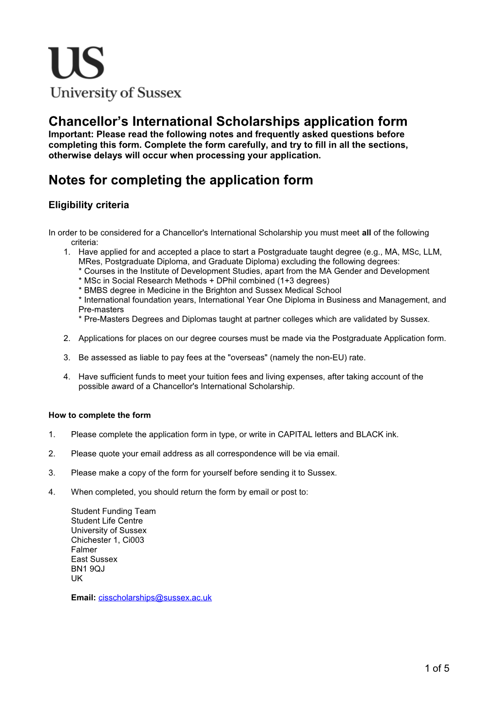 Application Form for Chancellor's International Scholarship