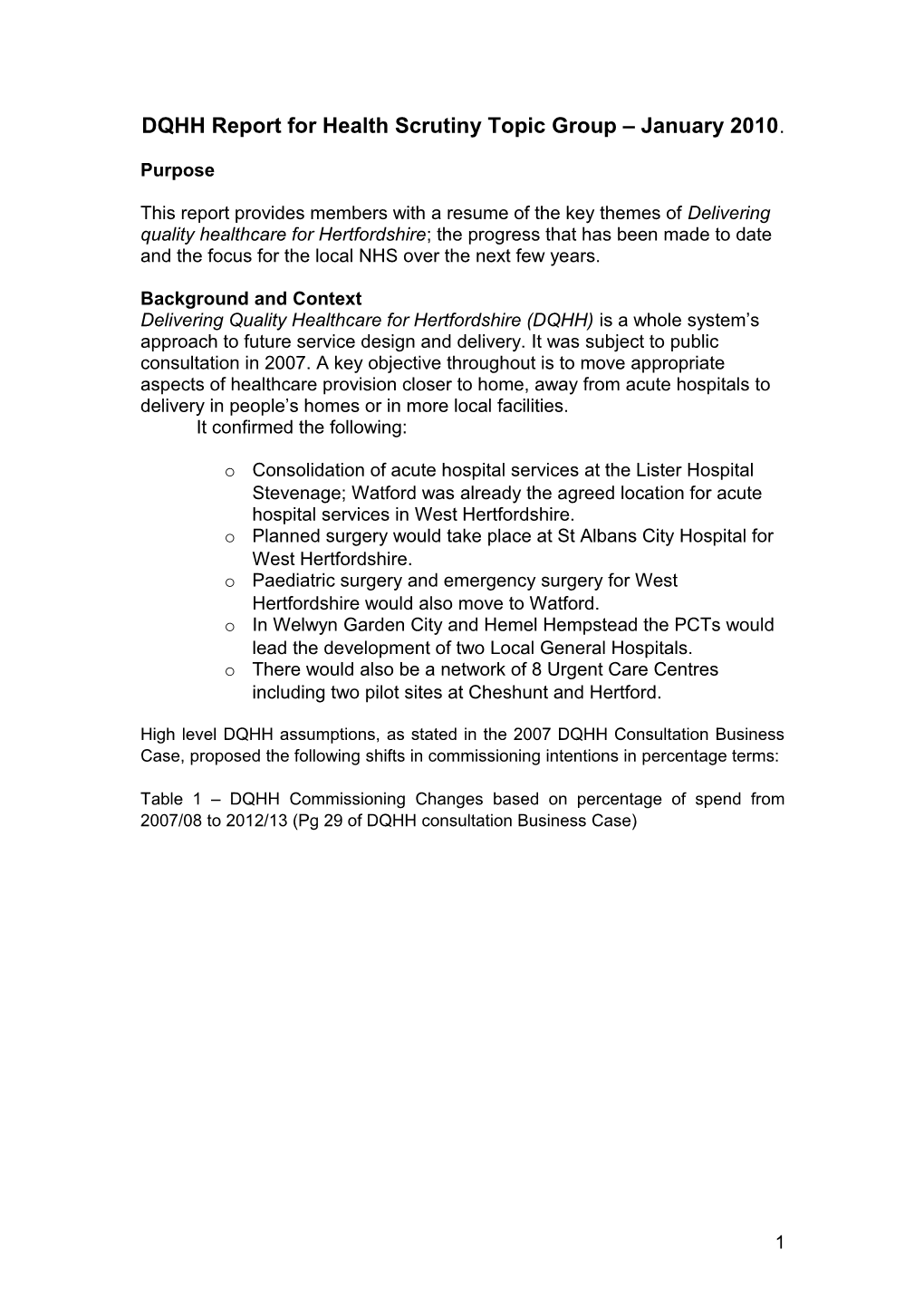 DQHH Report for Health Scrutiny Topic Group January 2010