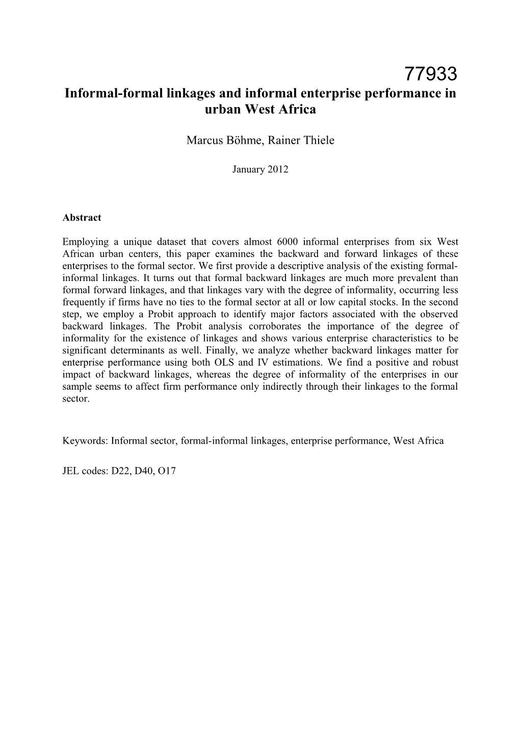 Informal-Formal Linkages and Informal Enterprise Performance in Urban West Africa