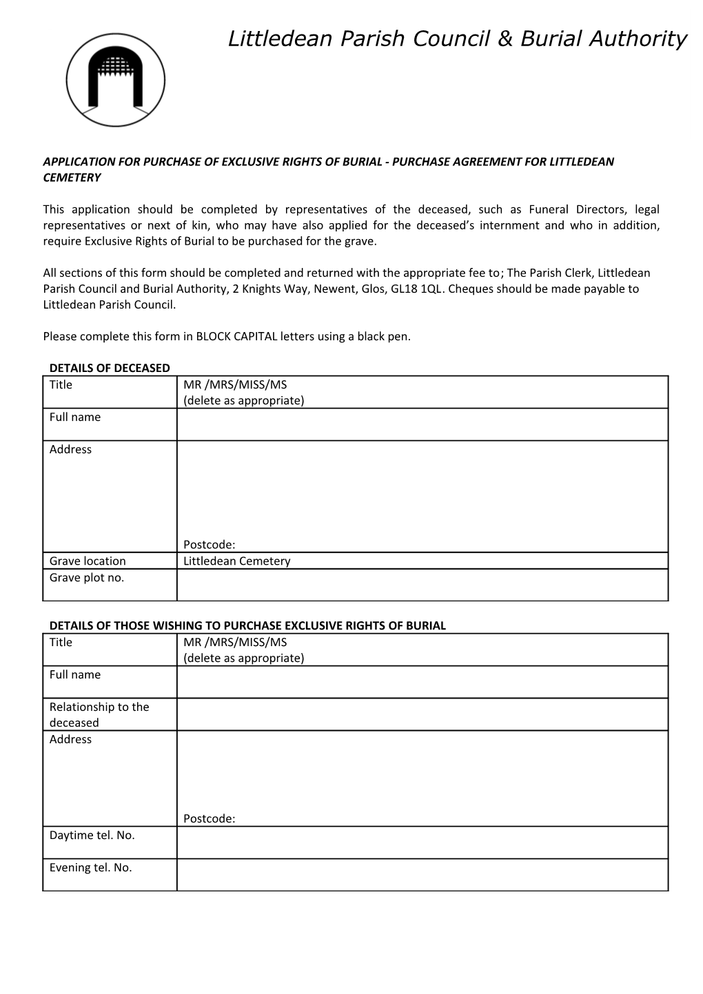 Application for Purchase of Exclusive Rights of Burial - Purchase Agreement for Littledean