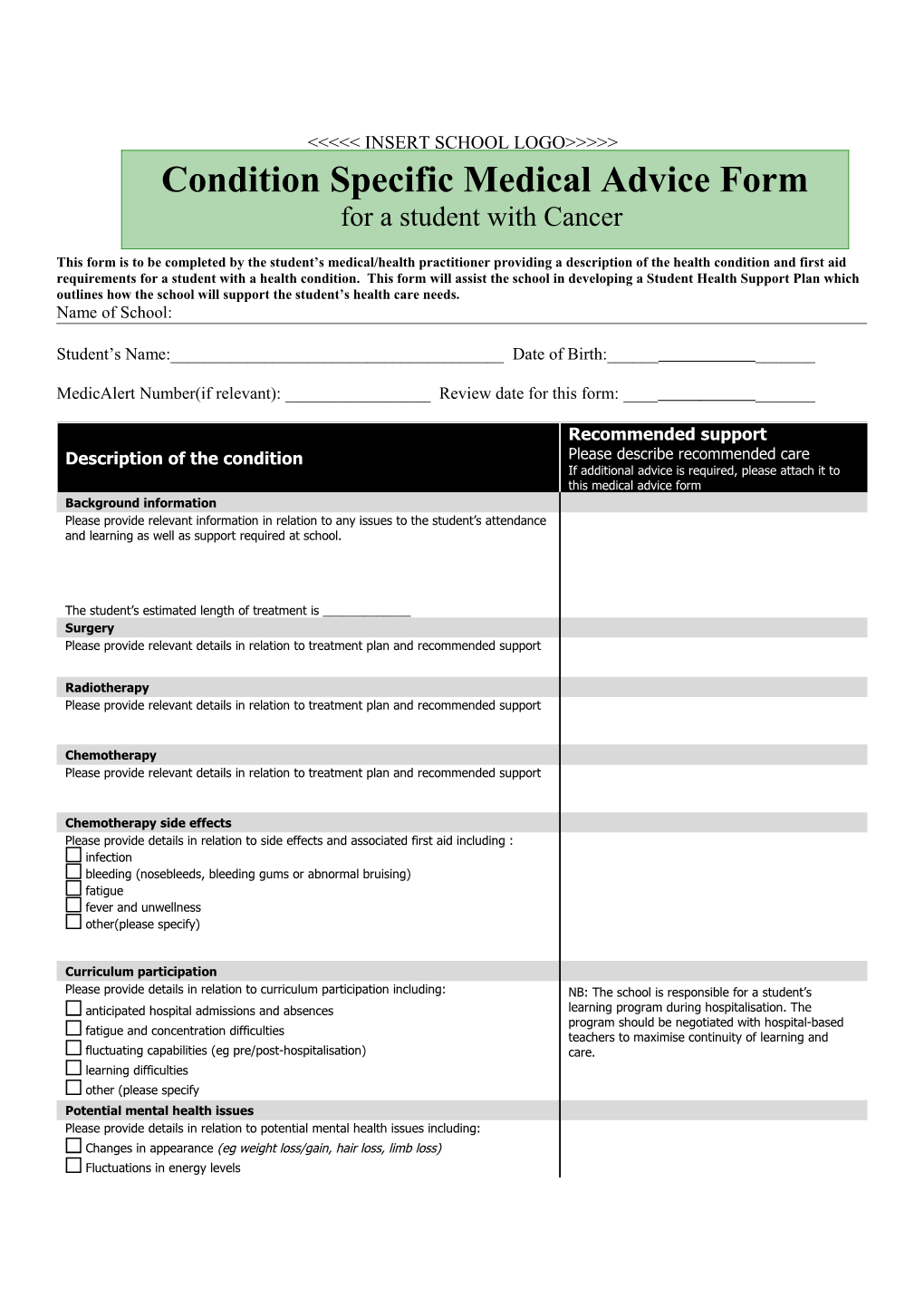 Condition Specific Medical Advice Form: Cancer