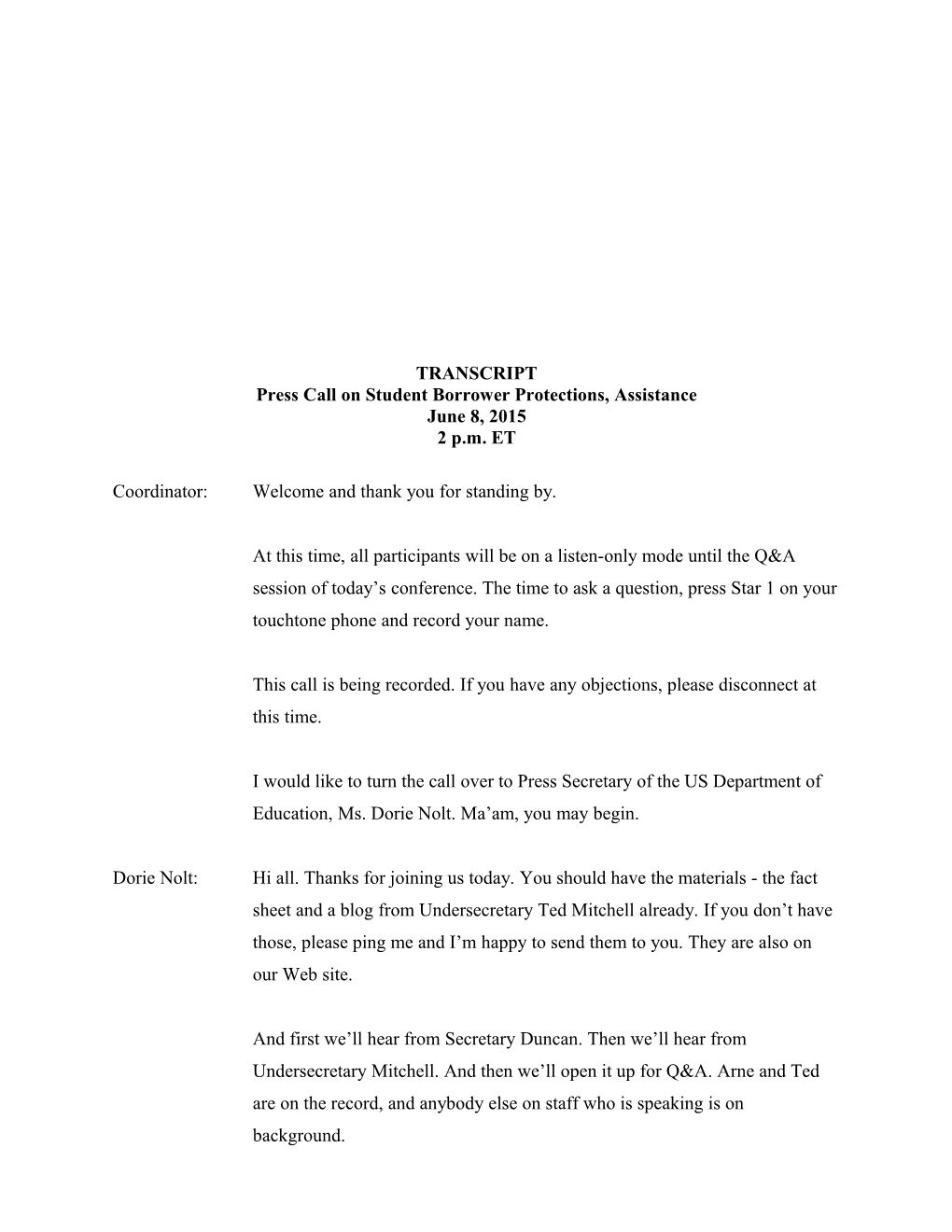 Student Borrower Protections - Transcript of Press Call, 6-8-2015 (MS Word)