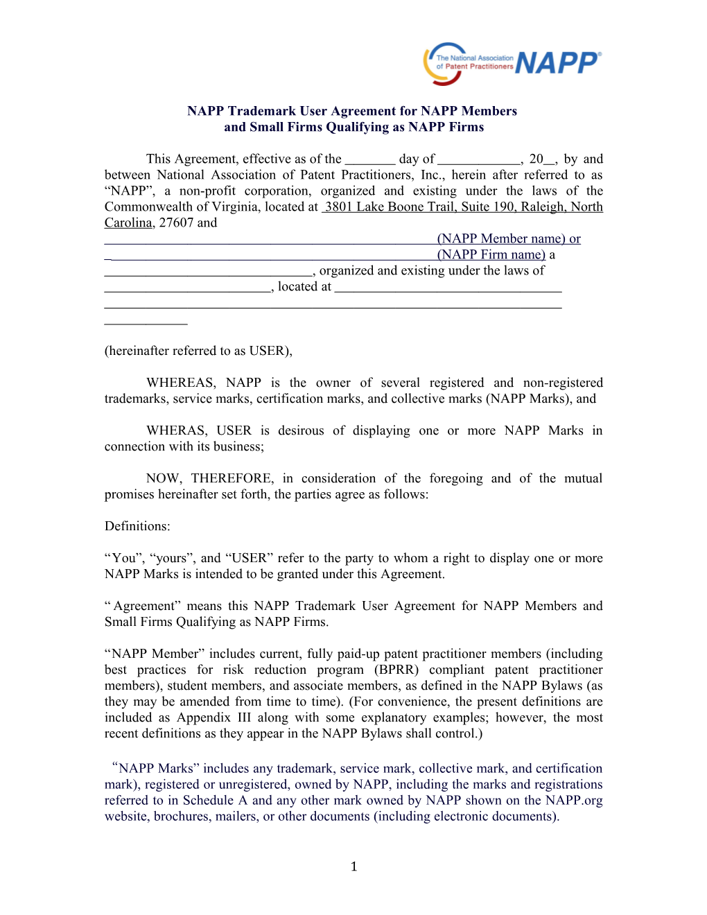 NAPP Trademark User Agreement for NAPP Members