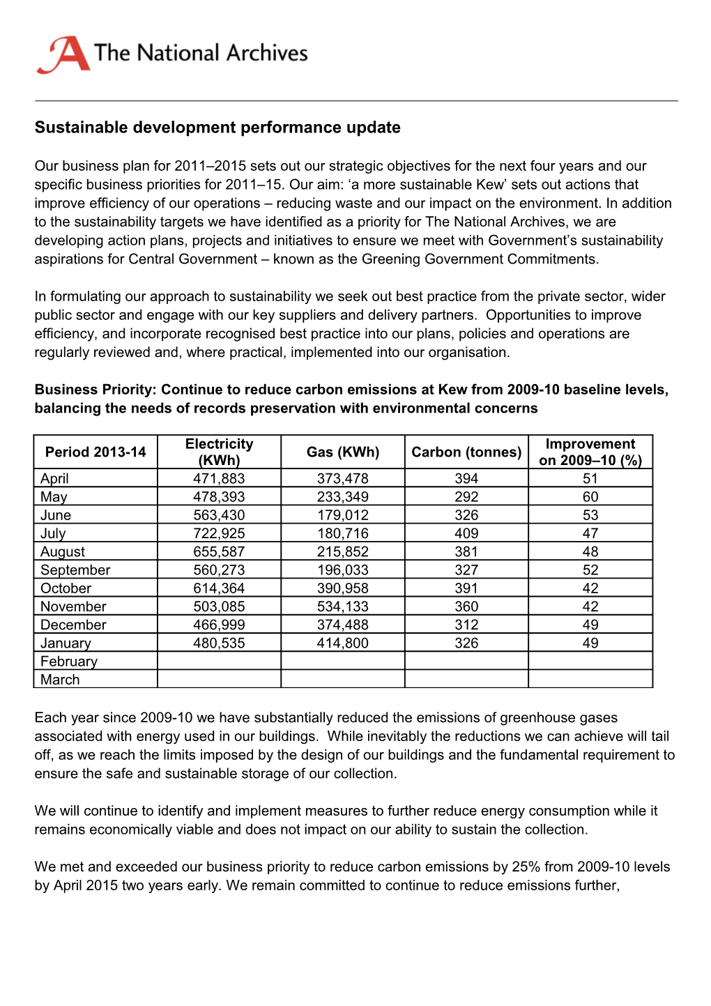 Sustainable Development Performance Update