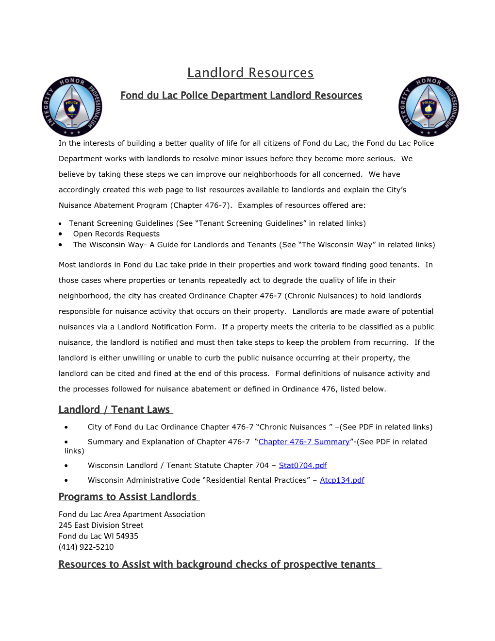 Fond Du Lac Police Department Landlord Resources