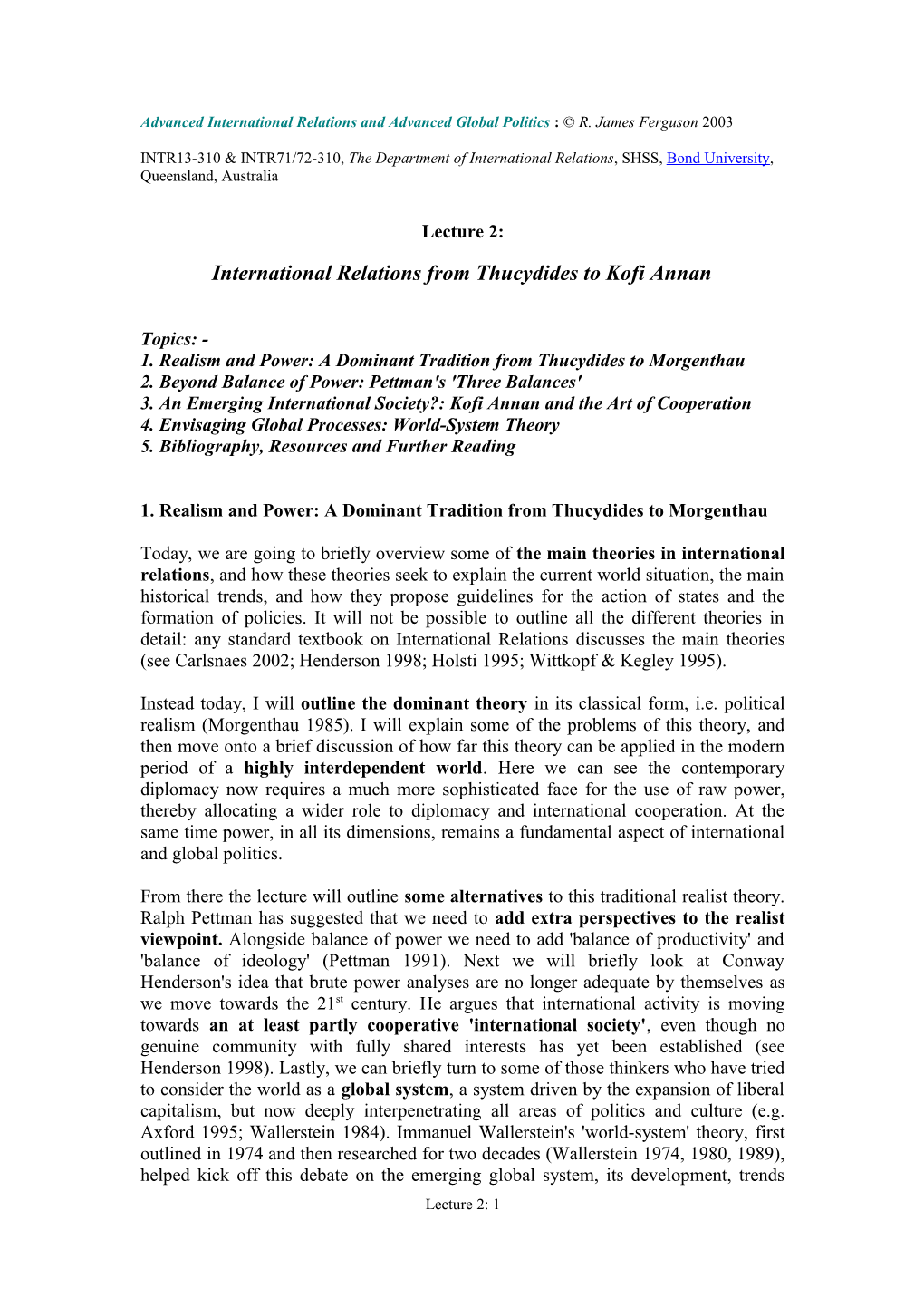 Advanced International Relations and Advanced Global Politics : R. James Ferguson 2003