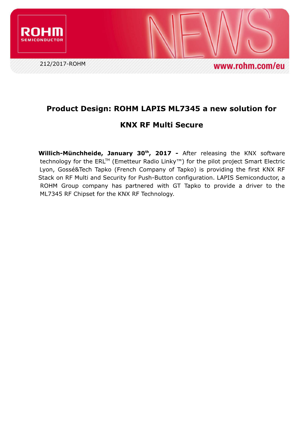 Product Design: ROHM LAPIS ML7345 a New Solution for KNX RF Multi Secure