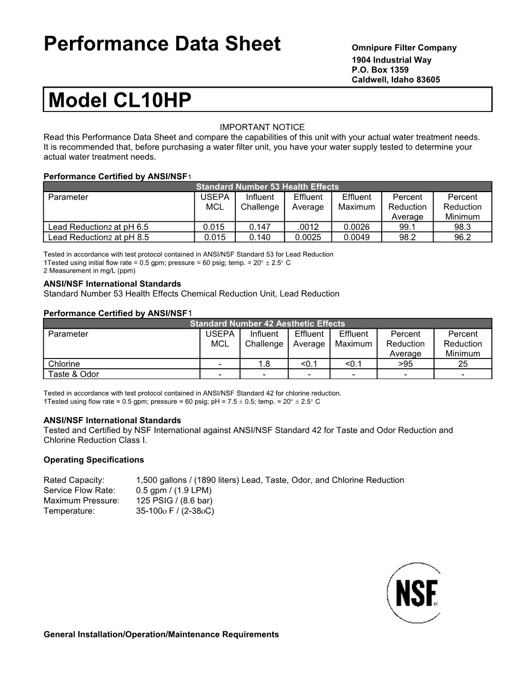 Performance Data Sheetomnipure Filter Company