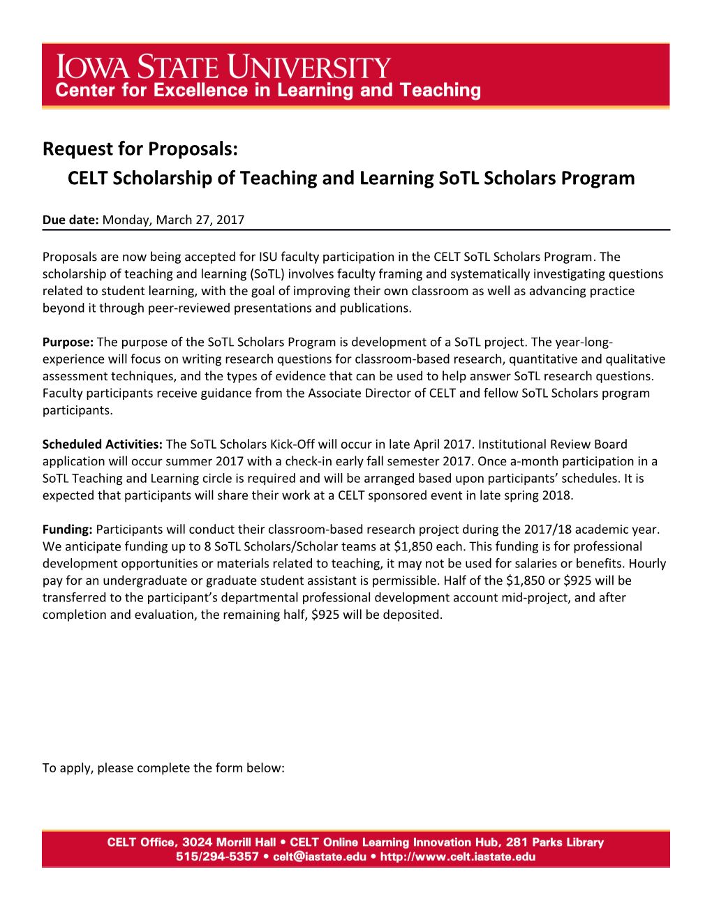Request for Proposals: CELT Scholarship of Teaching and Learning Sotl Scholars Program