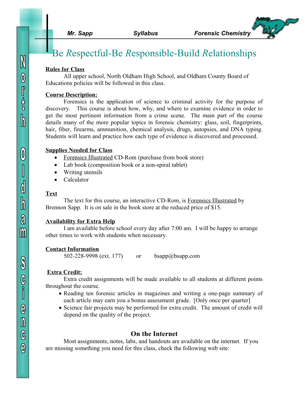 Mr. Sapp Syllabus Forensic Chemistry