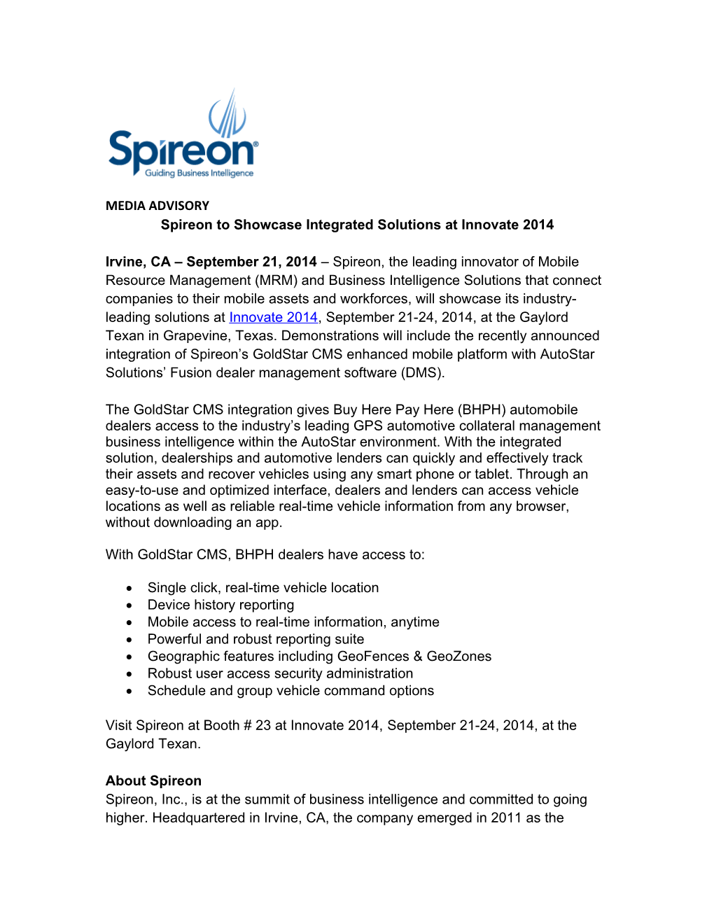 Spireon to Showcase Integrated Solutions at Innovate 2014