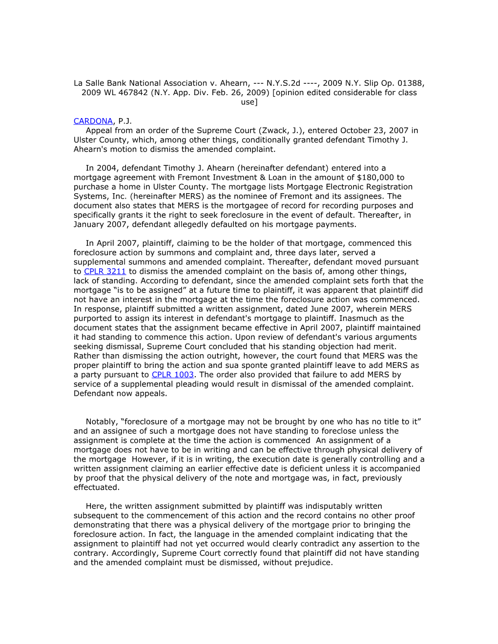 La Salle Bank National Association V. Ahearn, N.Y.S.2D , 2009 N.Y. Slip Op. 01388, 2009