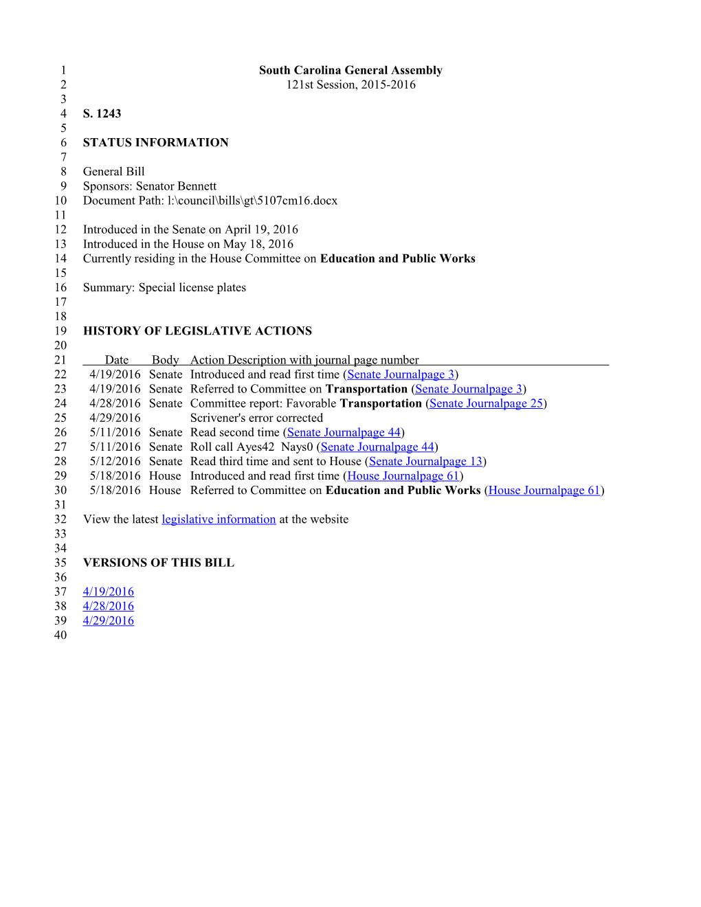 2015-2016 Bill 1243: Special License Plates - South Carolina Legislature Online