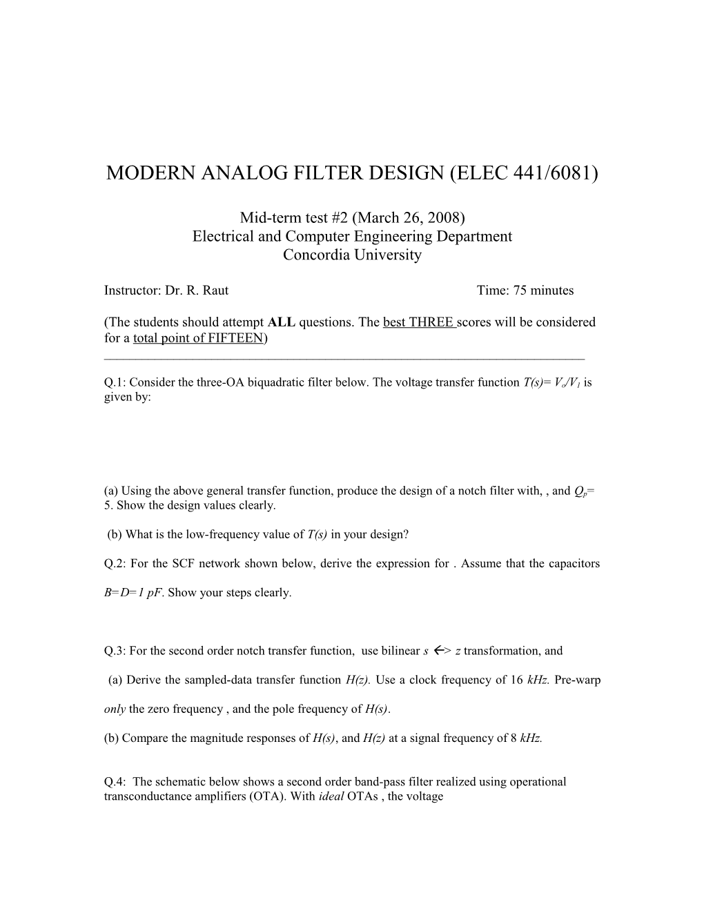 Modern Analog Filter Design (Elec 441/6081)