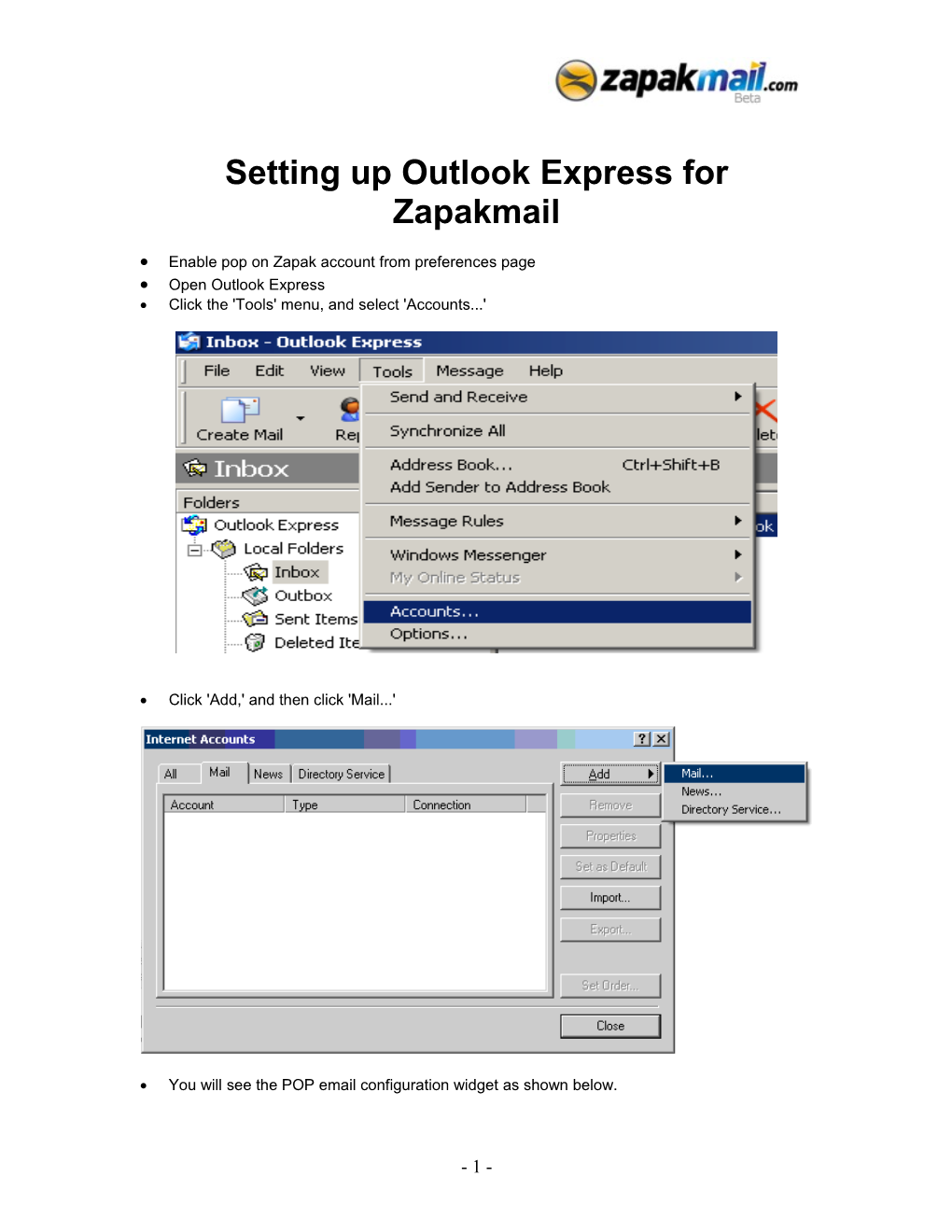 Configuration of Zapak Pop3 on Outlook Express