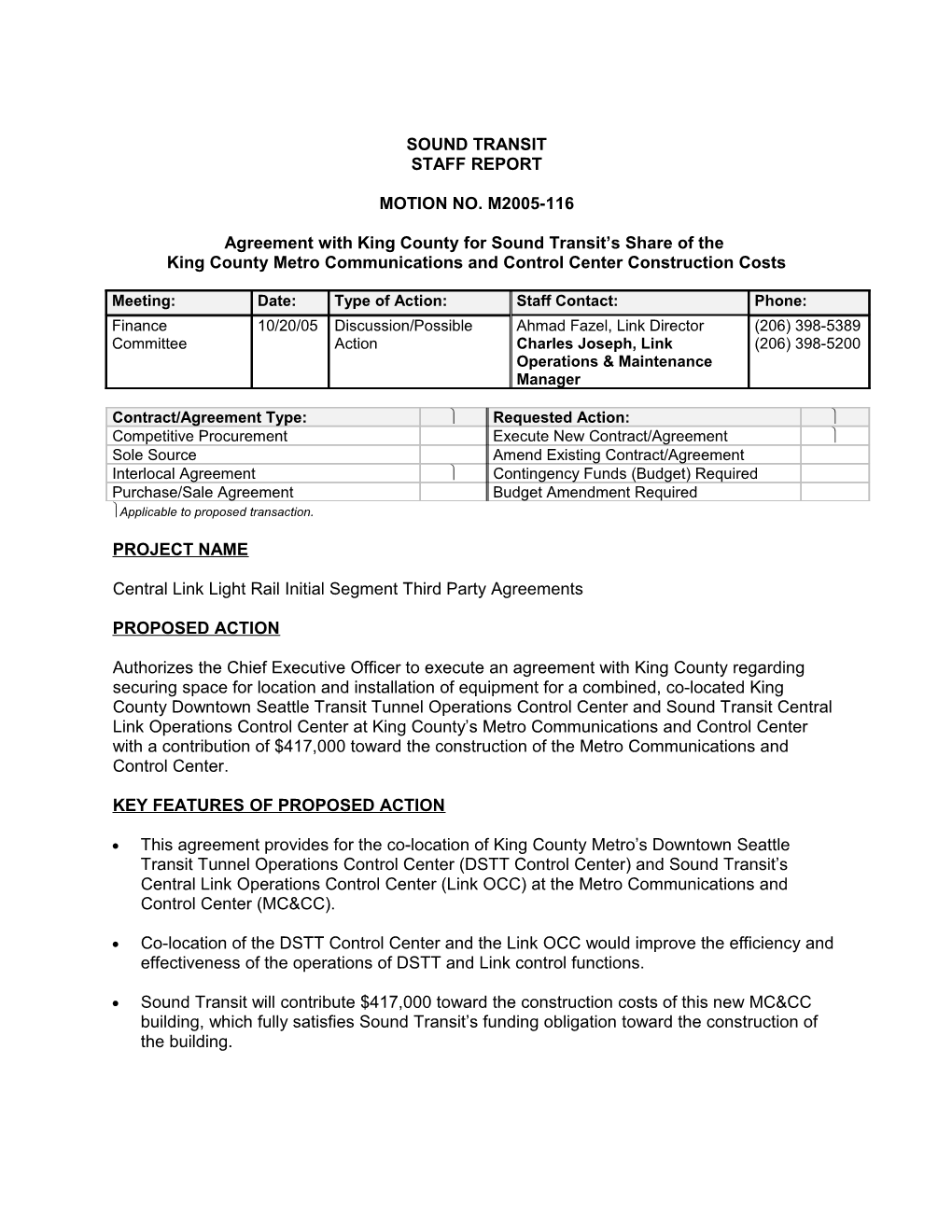 Agreement with King County for Sound Transit S Share of The