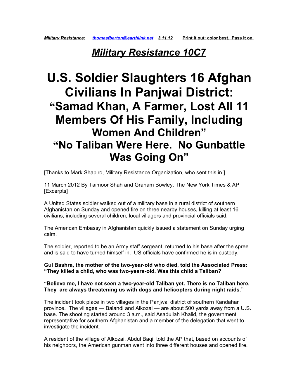 U.S. Soldier Slaughters 16 Afghan Civilians in Panjwai District