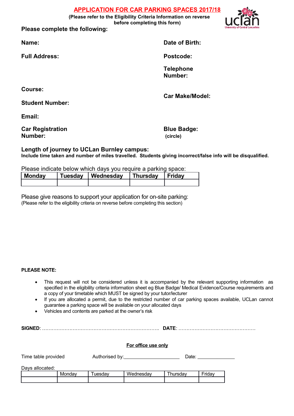 Application for Car Parking Spaces 2017/18