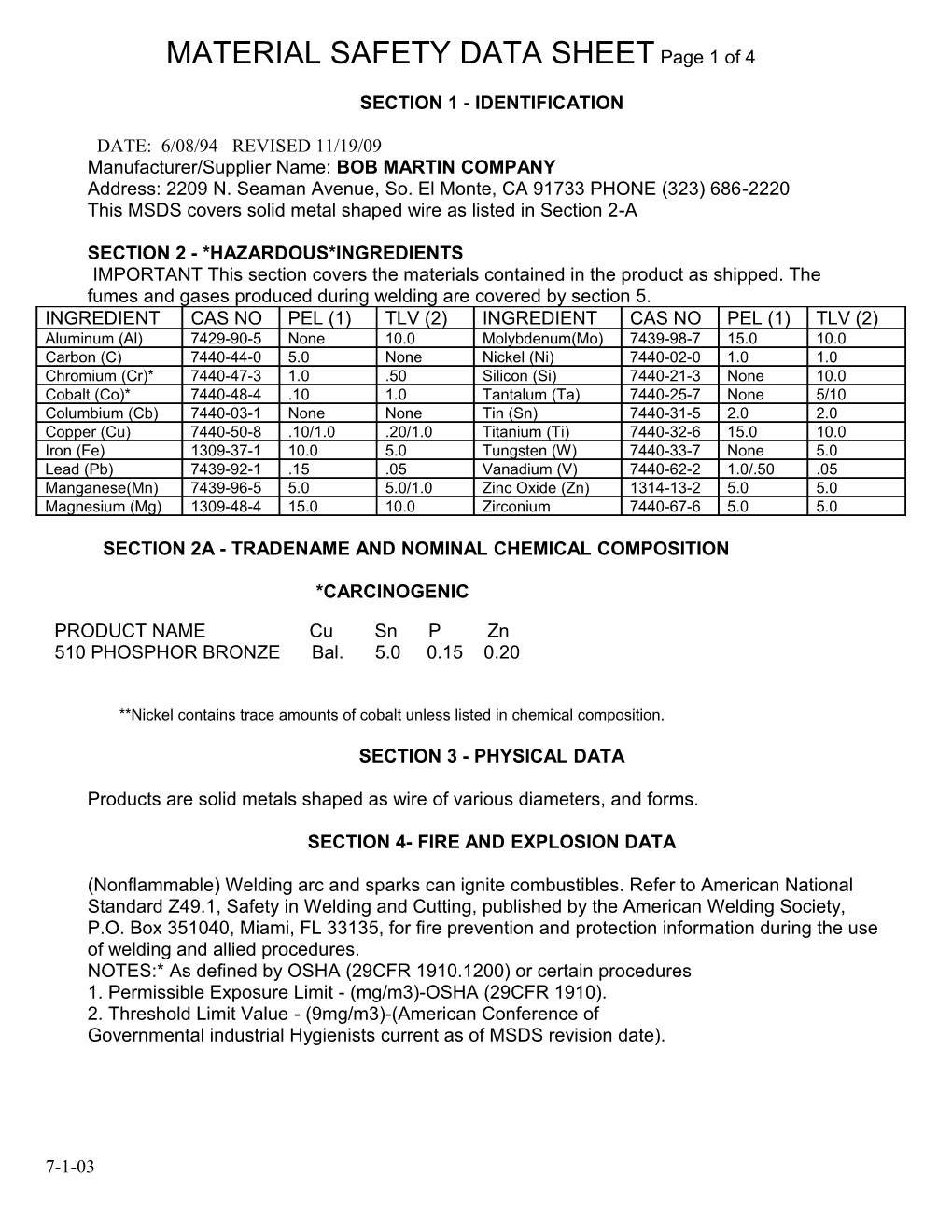 MATERIAL SAFETY DATA SHEET Page 1 of 4