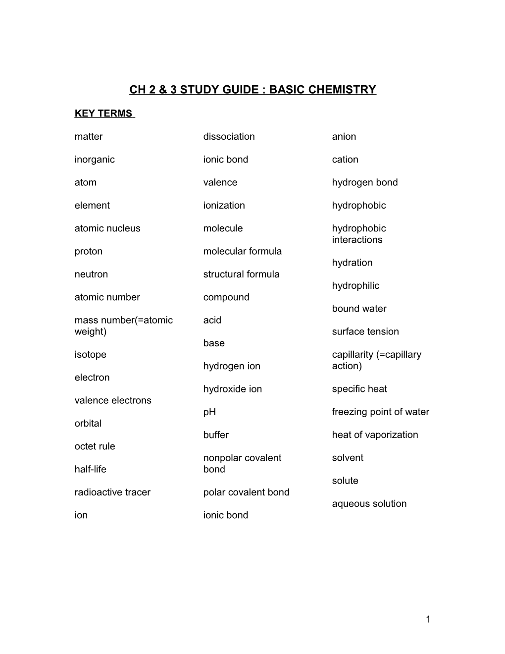 Study Guide: Basic Chemistry