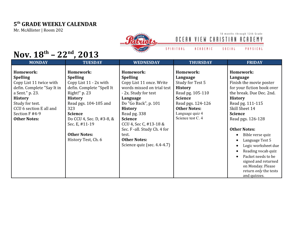 5Th GRADE WEEKLY CALENDAR