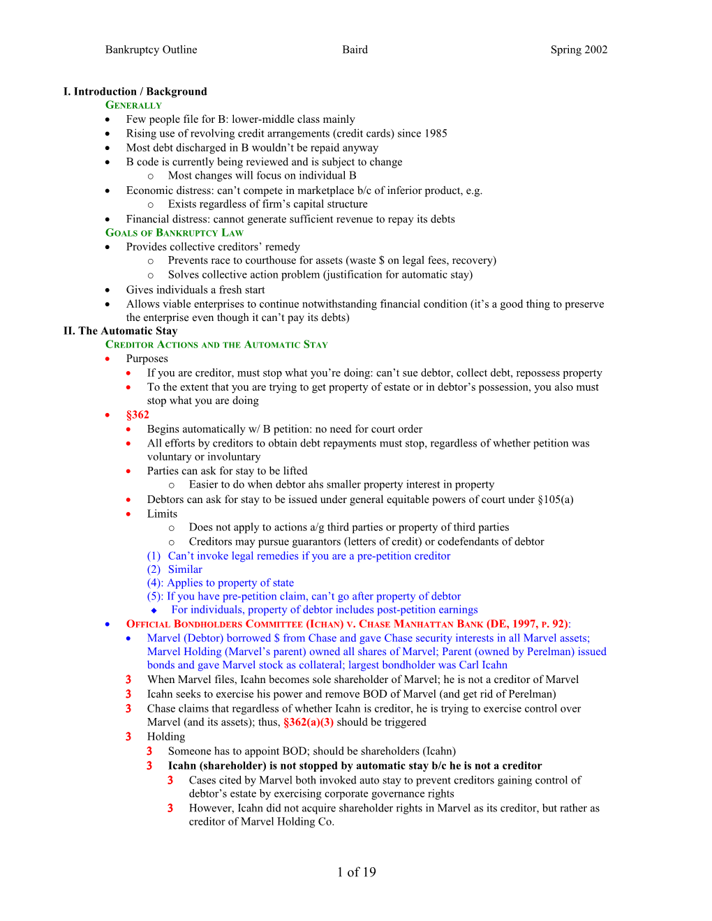 Bankruptcy Outline Baird Spring 2002