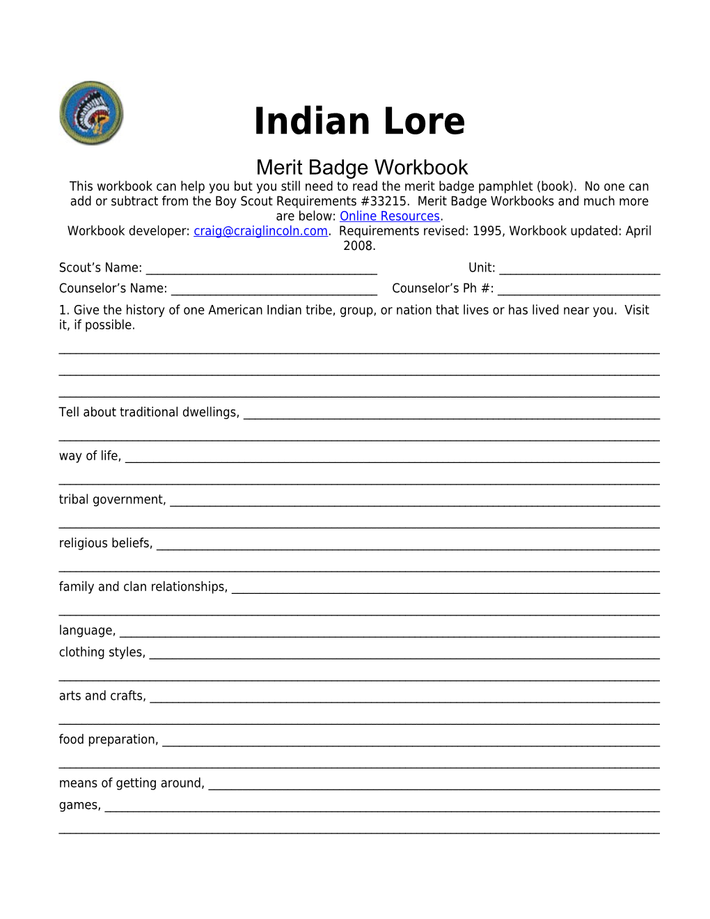Indian Lore P. 5 Merit Badge Workbook Scout's Name: ______