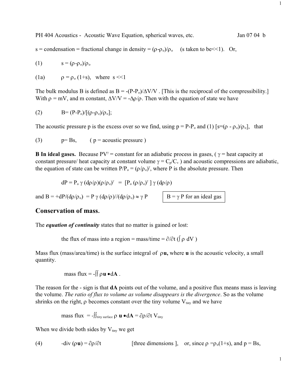 PH 404 Acoustics - Acoustic Wave Equation KFCS Chapter 5