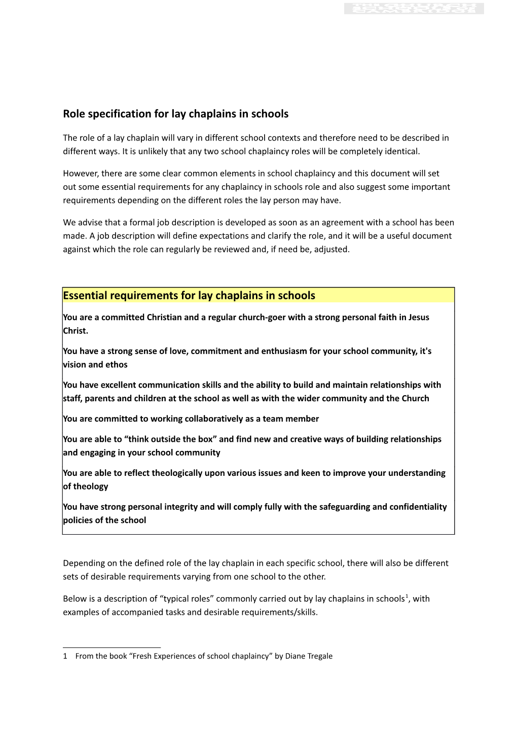 Role Specification for Lay Chaplains in Schools