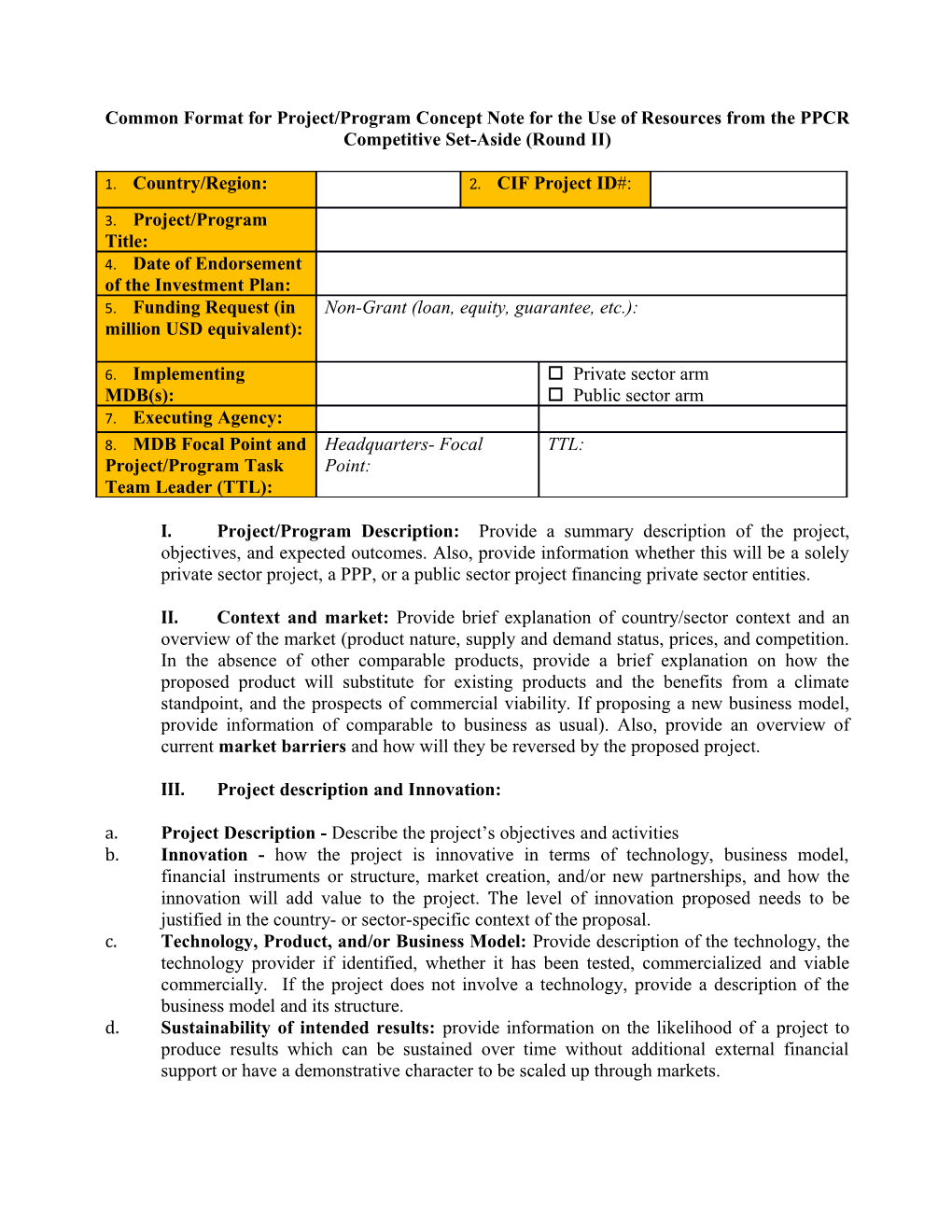 Common Format for Project/Program Concept Note for the Use of Resources from the PPCR