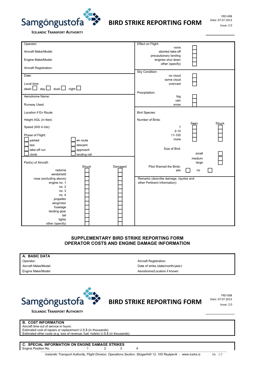 Supplementary Bird Strike Reporting Form