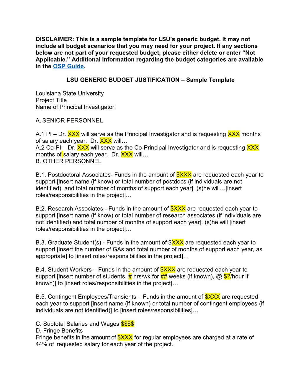 LSU GENERIC BUDGET JUSTIFICATION Sample Template