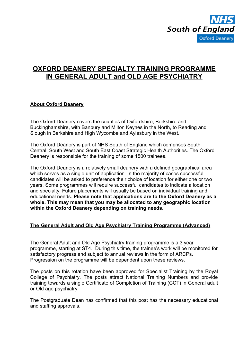 OXFORD DEANERY SPECIALTY TRAINING PROGRAMME in General Adult and Old Age Psychiatry