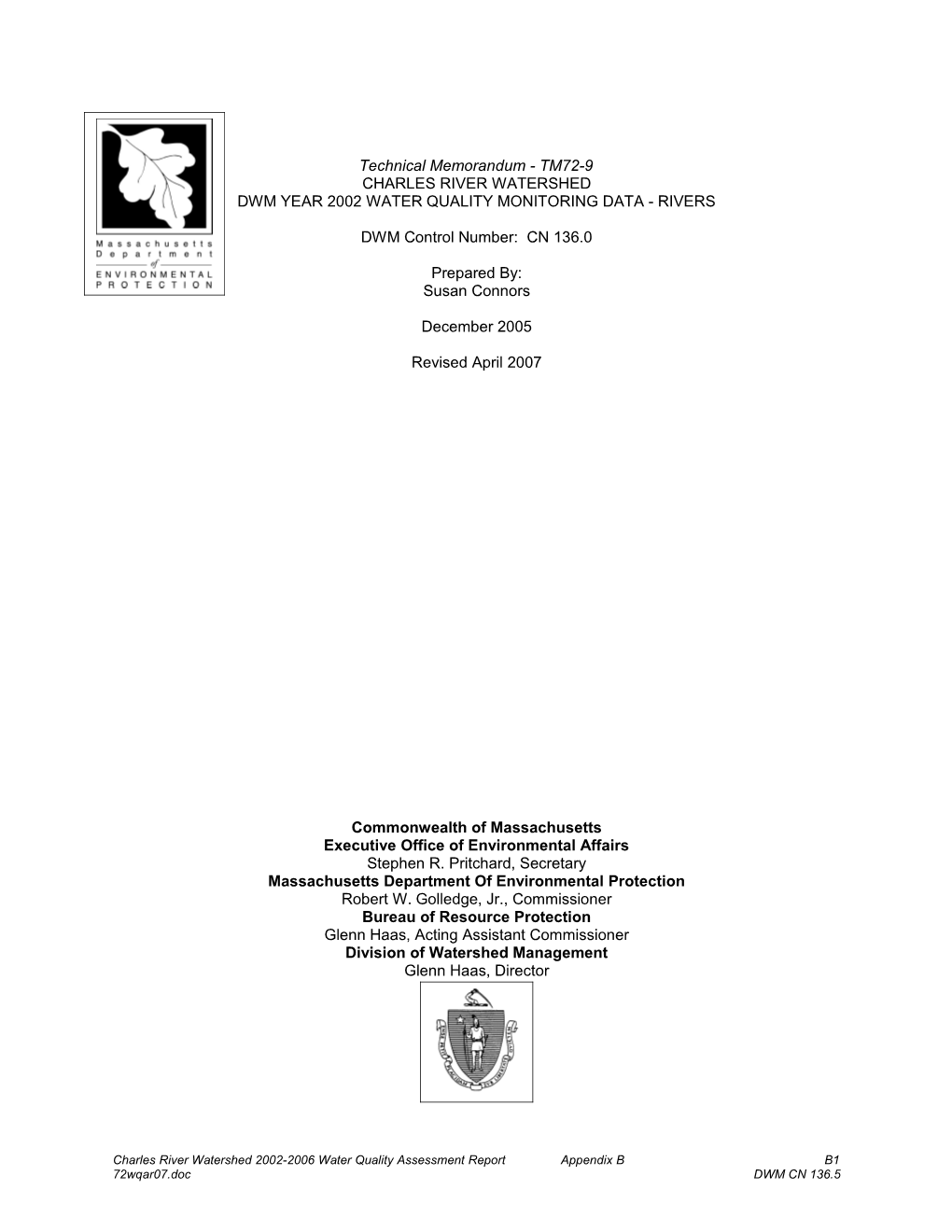 Charles River Watershed 2002 Water Quality Technical Memorandum