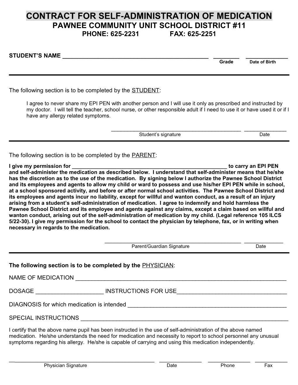 Contract for Self-Administration of Medication