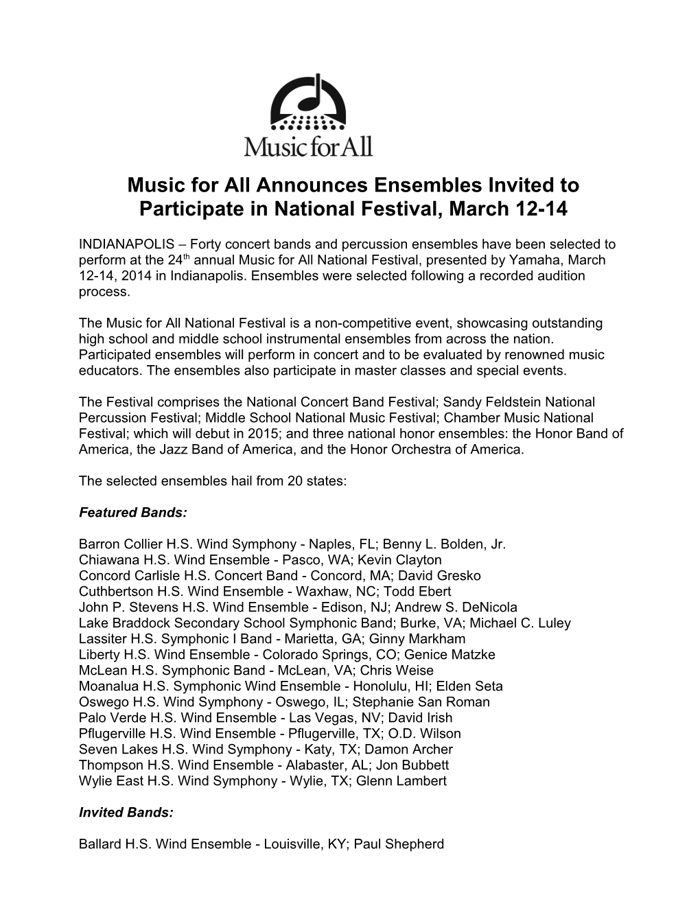 Music for All Announces Ensembles Invited to Participate in National Festival, March 12-14