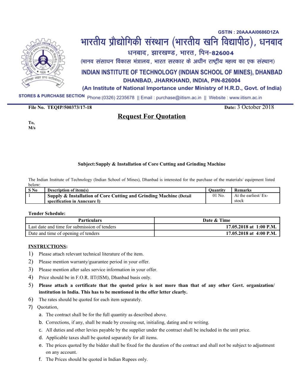 Subject:Supply & Installation of Core Cutting and Grinding Machine