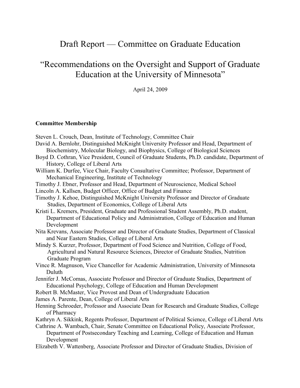 Draft Report Committee on Graduate Education