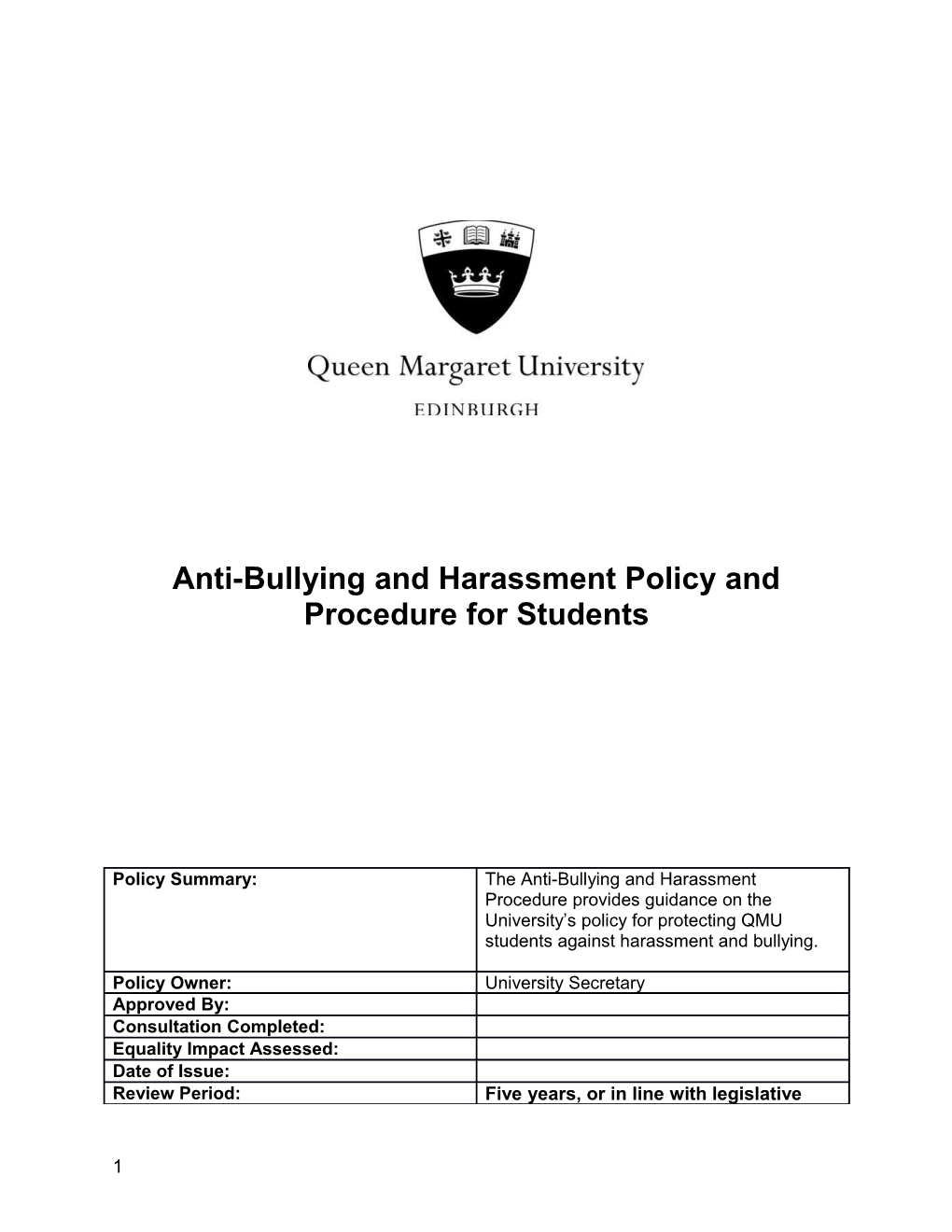 Anti-Bullying and Harassment Policy and Procedure for Students