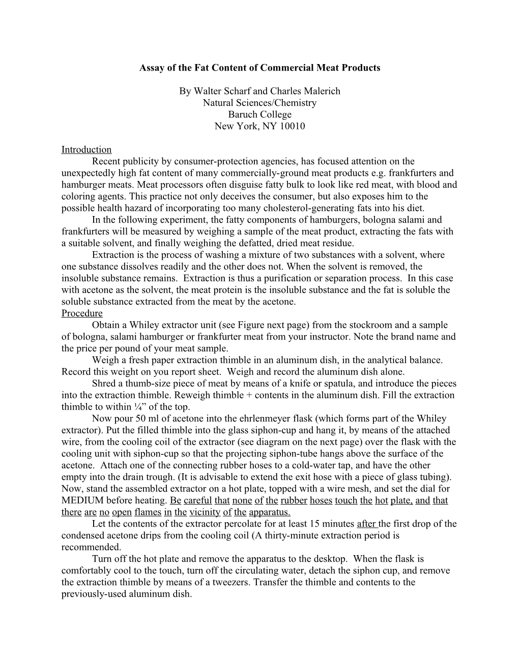 Assay of the Fat Content of Commercial Meat Products