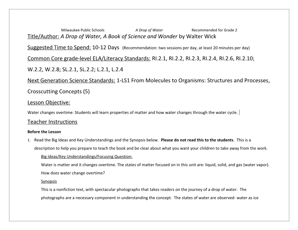 Milwaukee Public Schools a Drop of Water Recommended for Grade 2